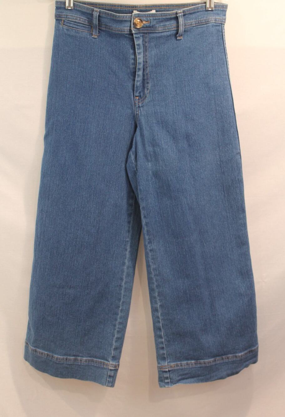 H & M Wide Leg Crop Jeans Womens size10 Blue Denim Stretch High Rise Waist Band